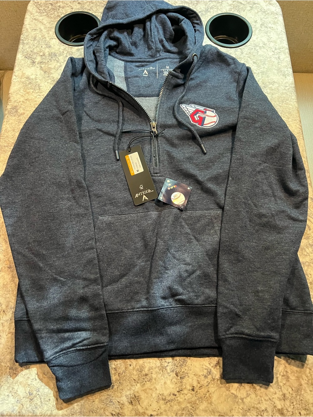 Antigua woman’s Blue 1/4 Zip Hooded Fleece Pullover Hoodie M Logo # 748